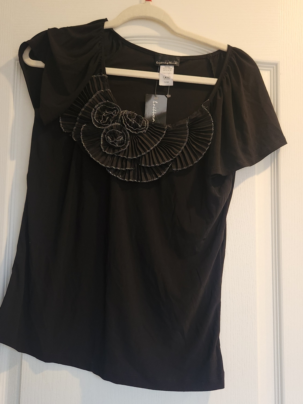 Brittany Black Ruffled Flower Accent Women’s Top